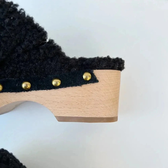 J. Crew Black Sherpa Wooden Studded Fuzzy Teddy Platform Y2K Clogs Size 6 - Picture 4 of 9